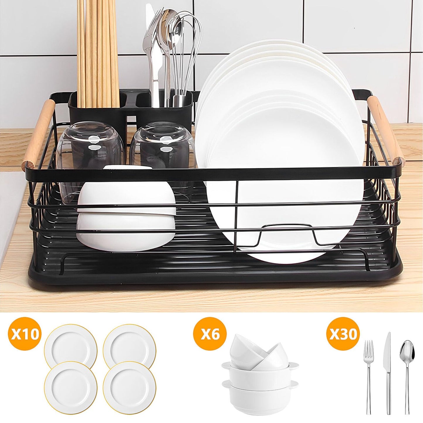 KingSaid Dish Drainer Black Matt Metal Dish Rack for Sink with Cutlery Holder and Plastic Drip Tray, Stainless Steel Dish Rack for Sink (42 x 32.5 x 14 cm)