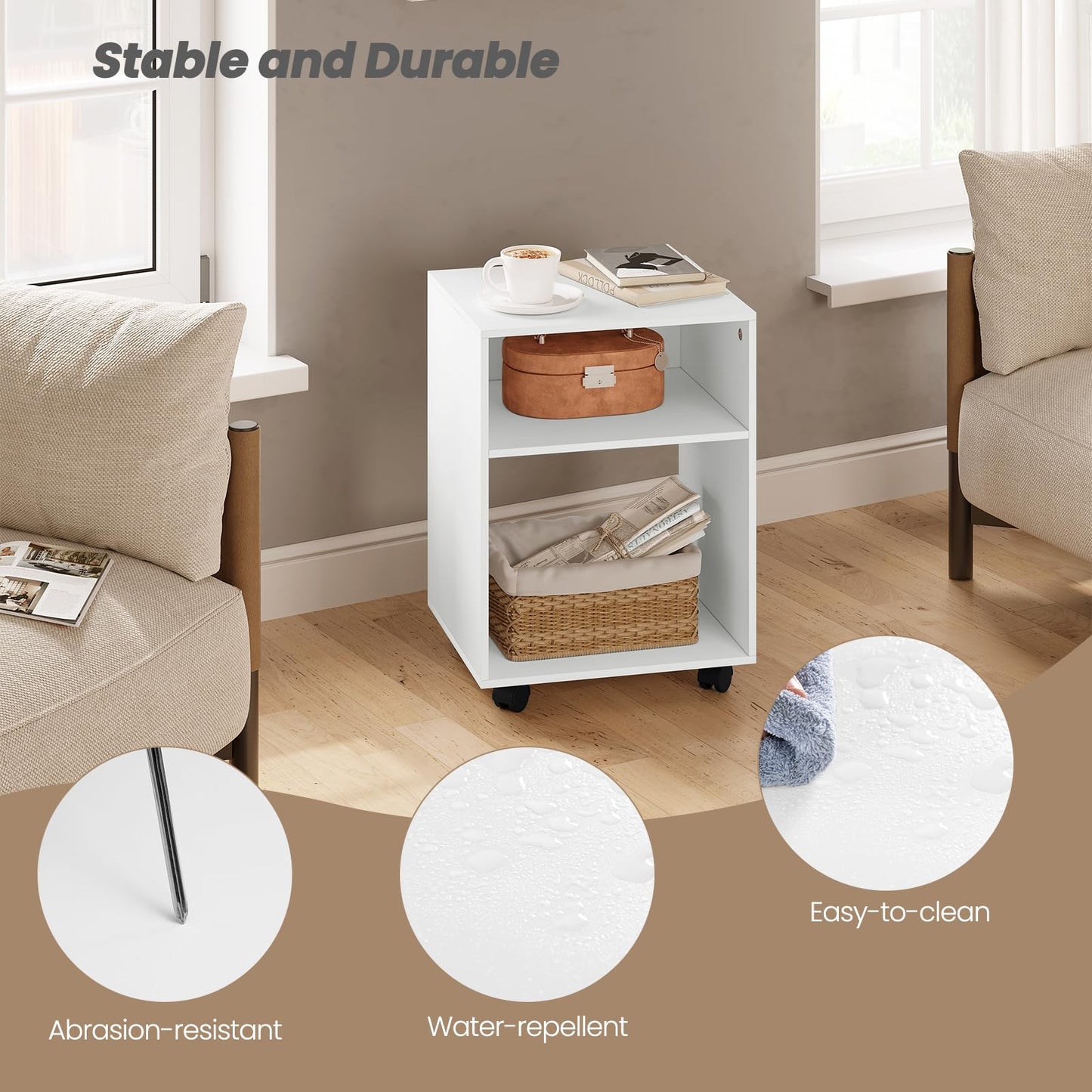 Printer Stand with Wheels in White, Mobile Office Cabinet with 2 Compartments, Engineered Wood Under-Desk Stand with Brakes, 40x35x55cm, Versatile Storage Trolley