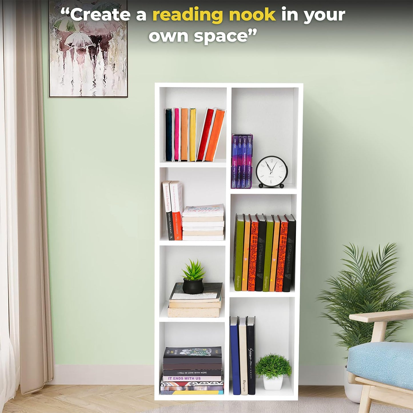 DIY 7-Cube Engineered Wood Book Shelf, a Multipurpose Open Storage Organizer and Book Stand for Home, Office, or Study Room, presented in a clean and modern White finish