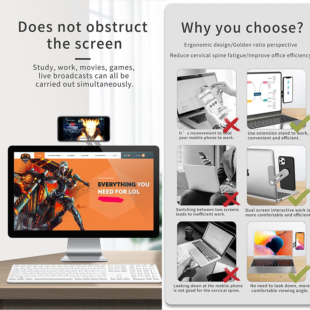 YONJILA Side Mount Clip on Laptop for Phone, Aluminum Alloy Computer Expansion Bracket with Rotatable Angle Adjustment, Foldable, Phone Holder Stand for Laptop Same Screen for All Smart Phones