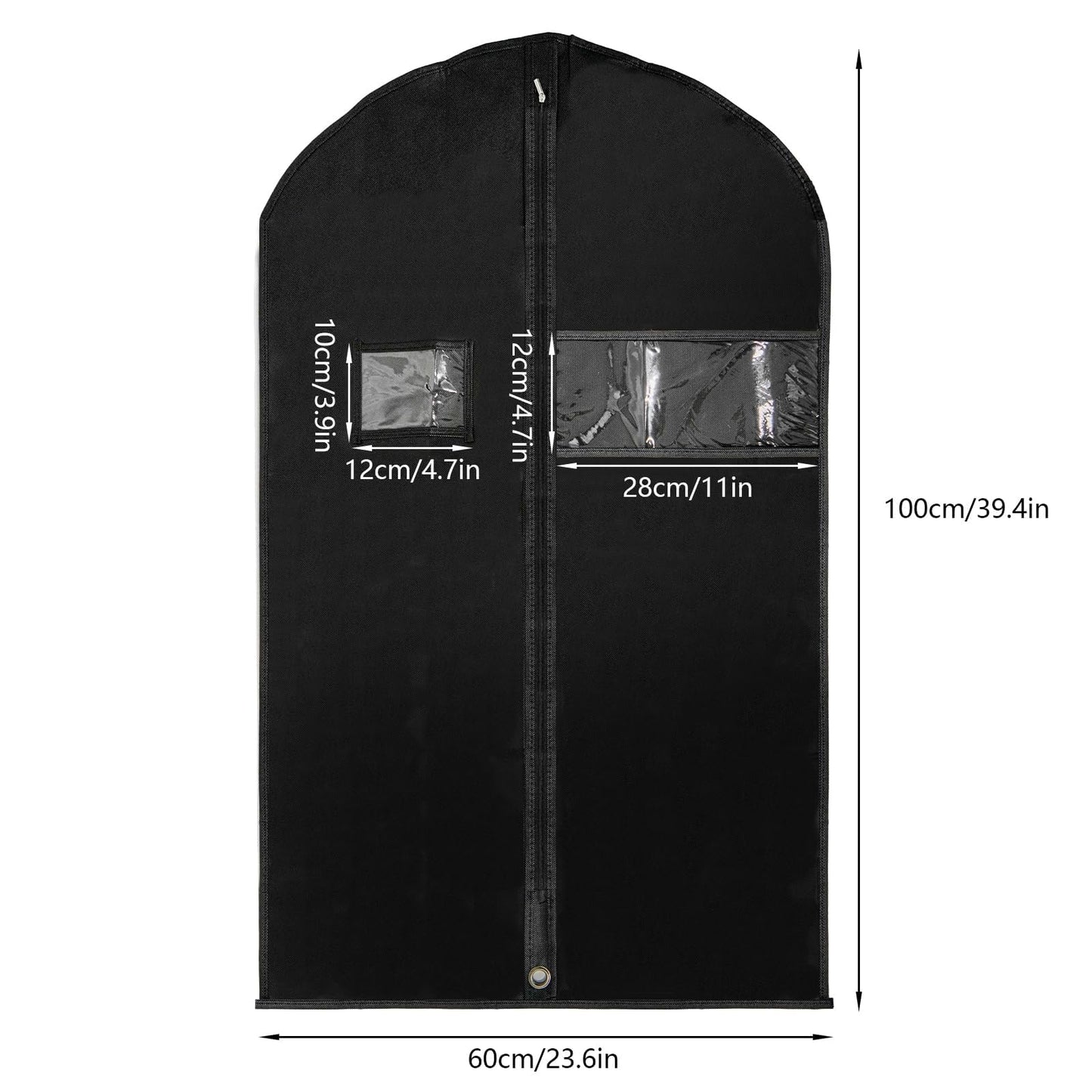 5-Pack Breathable Non-Woven Garment Bags with Clear Window and Label Slot, 100x60 cm Suit Covers for Men and Women, Dustproof Clothes Storage for Closet and Travel, Black