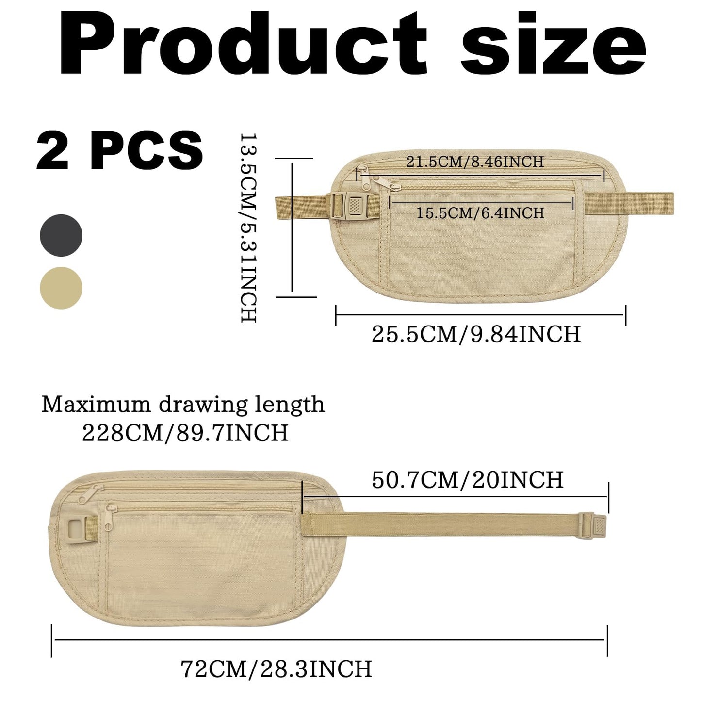 2 Pieces Waist Bag, Belt Bag for Travel Hidden Secret Wallet Hidden Under Clothes Anti-Theft Passport Wallets for Men Women Adjustable Elastic Bumbags for Ladies for Cell Phone Passport Cash