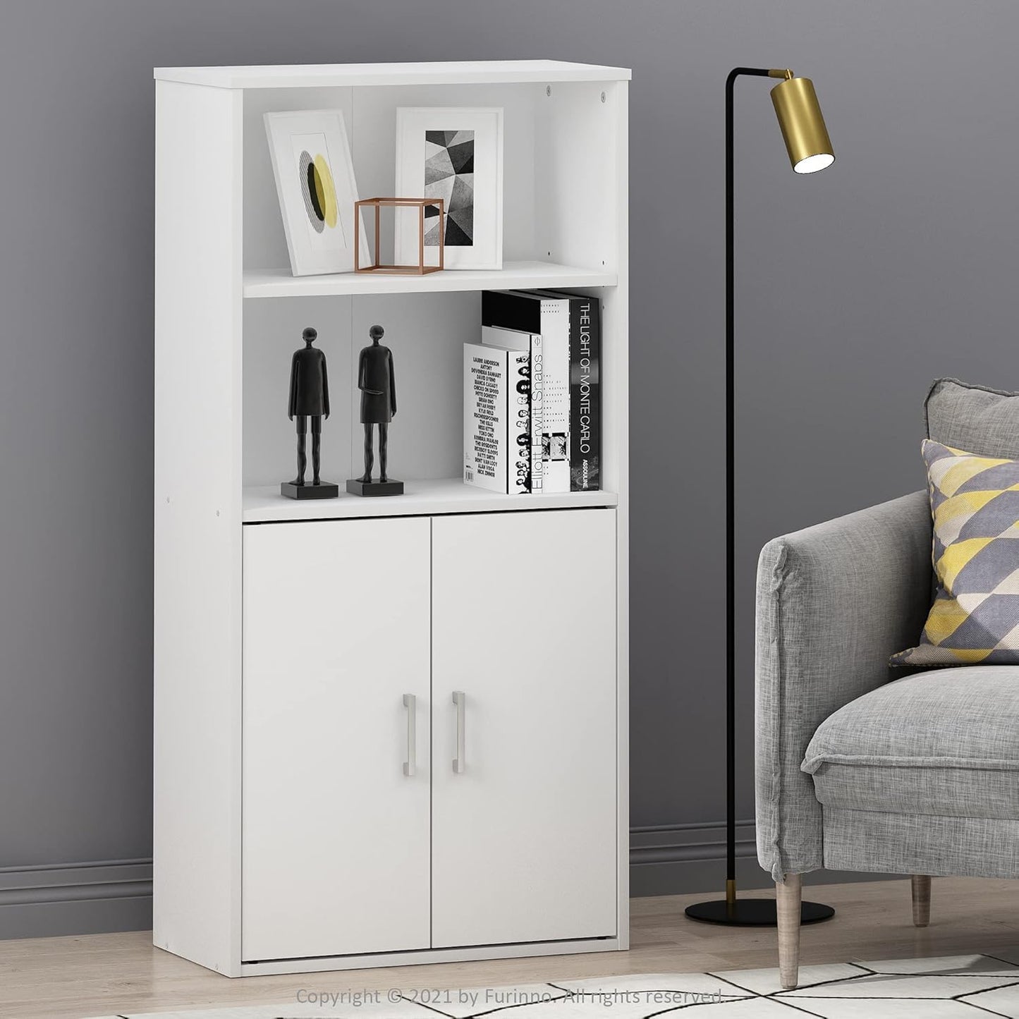 Storage Bookcase with 2 Doors in White, Manufactured Wood Cabinet with 2 Open Shelves, Freestanding Organizer for Living Room or Office, Combination Display and Concealed Unit