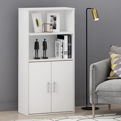 Storage Bookcase with 2 Doors in White, Manufactured Wood Cabinet with 2 Open Shelves, Freestanding Organizer for Living Room or Office, Combination Display and Concealed Unit