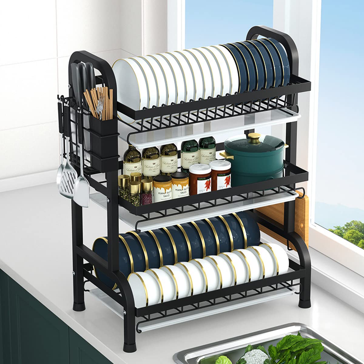 Jorunhe Dish Drying Rack, 3-Tier Large Capacity Kitchen Dish Rack Drainboard Set,Rust-Proof Dish Drainer Rack with Drip Tray & Utensil Holder, Cutting Board Holder and Dish Drainer for Kitchen (Black)
