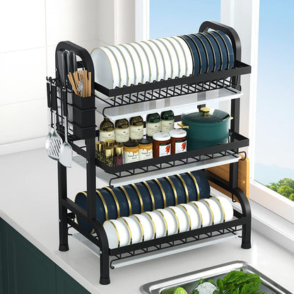 Jorunhe Dish Drying Rack, 3-Tier Large Capacity Kitchen Dish Rack Drainboard Set,Rust-Proof Dish Drainer Rack with Drip Tray & Utensil Holder, Cutting Board Holder and Dish Drainer for Kitchen (Black)