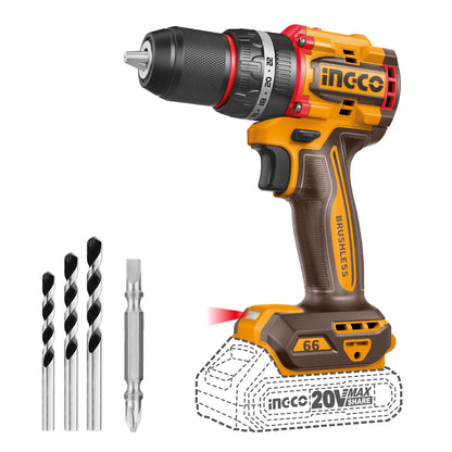 INGCO 20V Compact Impact Drill 66NM (Body Only), Brushless Motor, Variable Speed Control, 22+1+1 Torque Setting with LED Work Light CIDLI206681