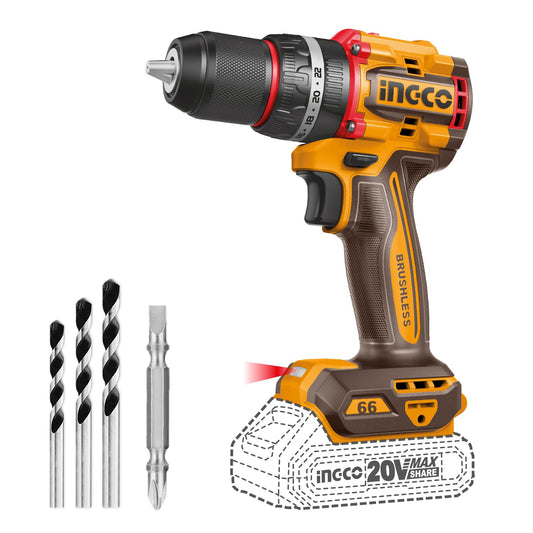 INGCO 20V Compact Impact Drill 66NM (Body Only), Brushless Motor, Variable Speed Control, 22+1+1 Torque Setting with LED Work Light CIDLI206681