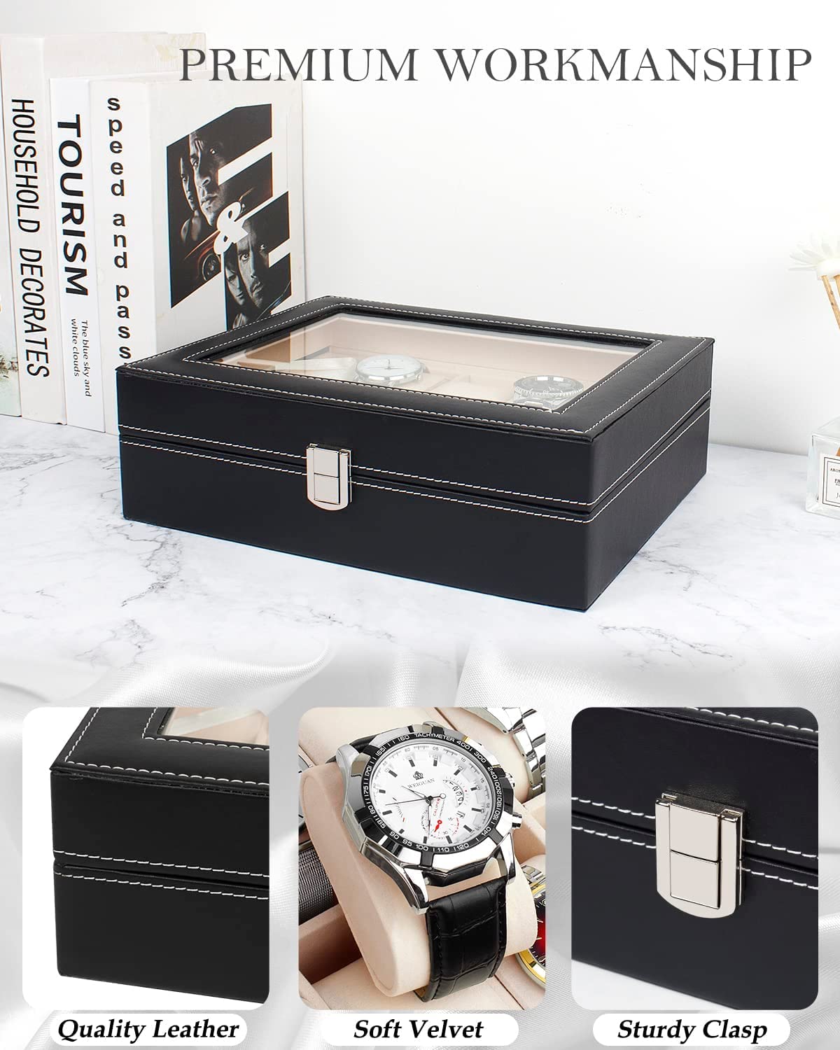 Rylan Watch Box Organizer PU Leather 10 Slots Wrist Watch Display Box Storage Holder Organizer Watch Case Jewelry Dispay Watch Box (Black, 20 x 25 x 8 cm) (10 Slots)