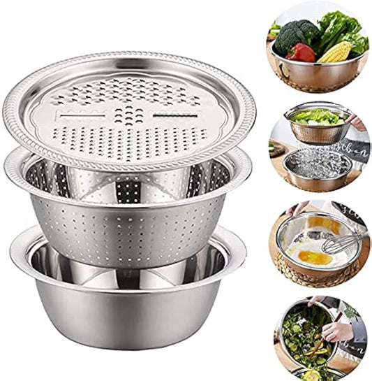 2020 New Multifunctional Stainless Steel Basin with Grater 3 in 1 Vegetable Cutter Julienne Grater with Drain Basket Vegetable Fruits Washing Bowl Strainer Set