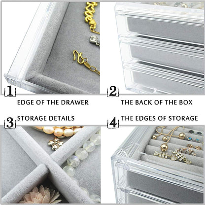 XICEN Acrylic Jewelry Box 3 Drawers, Velvet Jewellery Organizer, Earring Rings Necklaces Bracelets Display Case Gift for Women, Girls (gray)