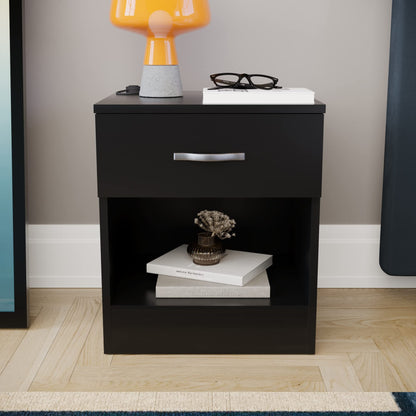 Bedside Table with 1 Drawer, a compact and stylish Nightstand and Bedside Cabinet for bedroom storage, presented in a sleek and versatile Black finish