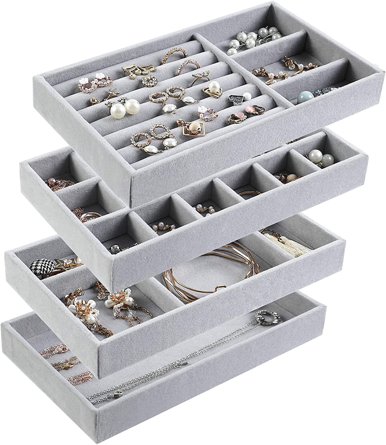 XICEN Jewelry Trays Organizer, Closet Drawer Accessories Tray Set of 4 Drawer Organizer for Earring, Ring, Gadgets & Cosmetics, Display Organizer Necklace Storage Showcase Bracelet Removable Tray