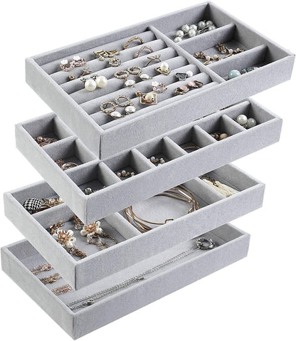 XICEN Jewelry Trays Organizer, Closet Drawer Accessories Tray Set of 4 Drawer Organizer for Earring, Ring, Gadgets & Cosmetics, Display Organizer Necklace Storage Showcase Bracelet Removable Tray