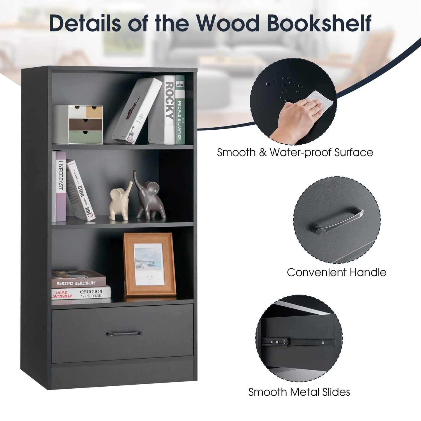 Wooden Bookcase with Drawer, Freestanding Storage Bookshelf Cabinet with 3-Tier Open Shelves, Display Rack Shelving Unit for Living Room or Office (Black)