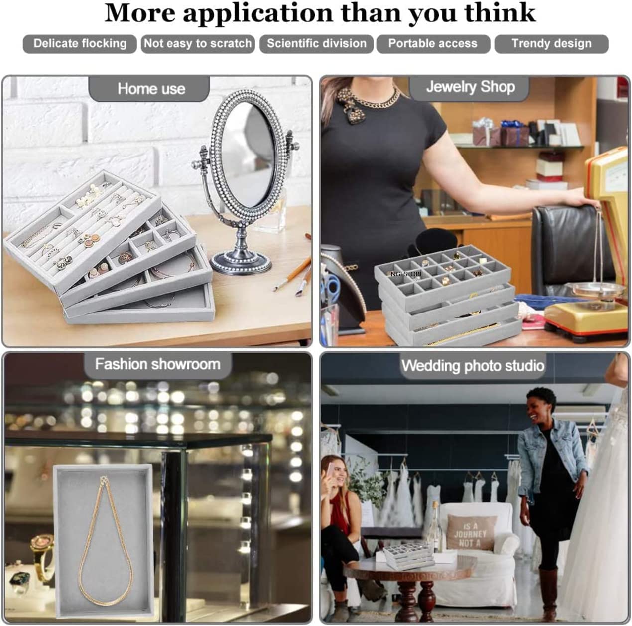 Velvet Jewelry Drawer Inserts Trays, Earring Organizer Stackable Jewelry Display Trays, Box Ring Holder Necklace Case, Storage for Bracelet Brooch Watch, Set of 4 (Gray)