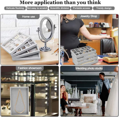 Velvet Jewelry Drawer Inserts Trays, Earring Organizer Stackable Jewelry Display Trays, Box Ring Holder Necklace Case, Storage for Bracelet Brooch Watch, Set of 4 (Gray)