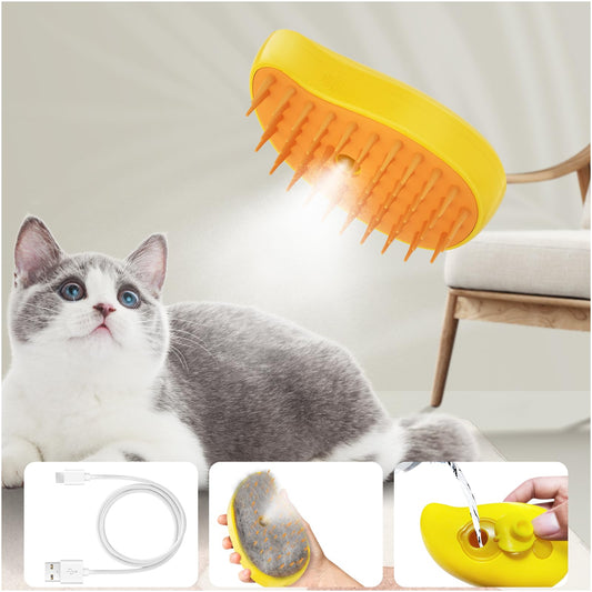 Cat Steam Brush, 3 In1 Steam Cat Brush, Steam Brush for Cats, Steamy Cat Brush, Rechargeable Silicone Steam Pet Brush, Multifunctional Pet Hair Comb for Removing Tangled And Loosse Hair (Yellow)