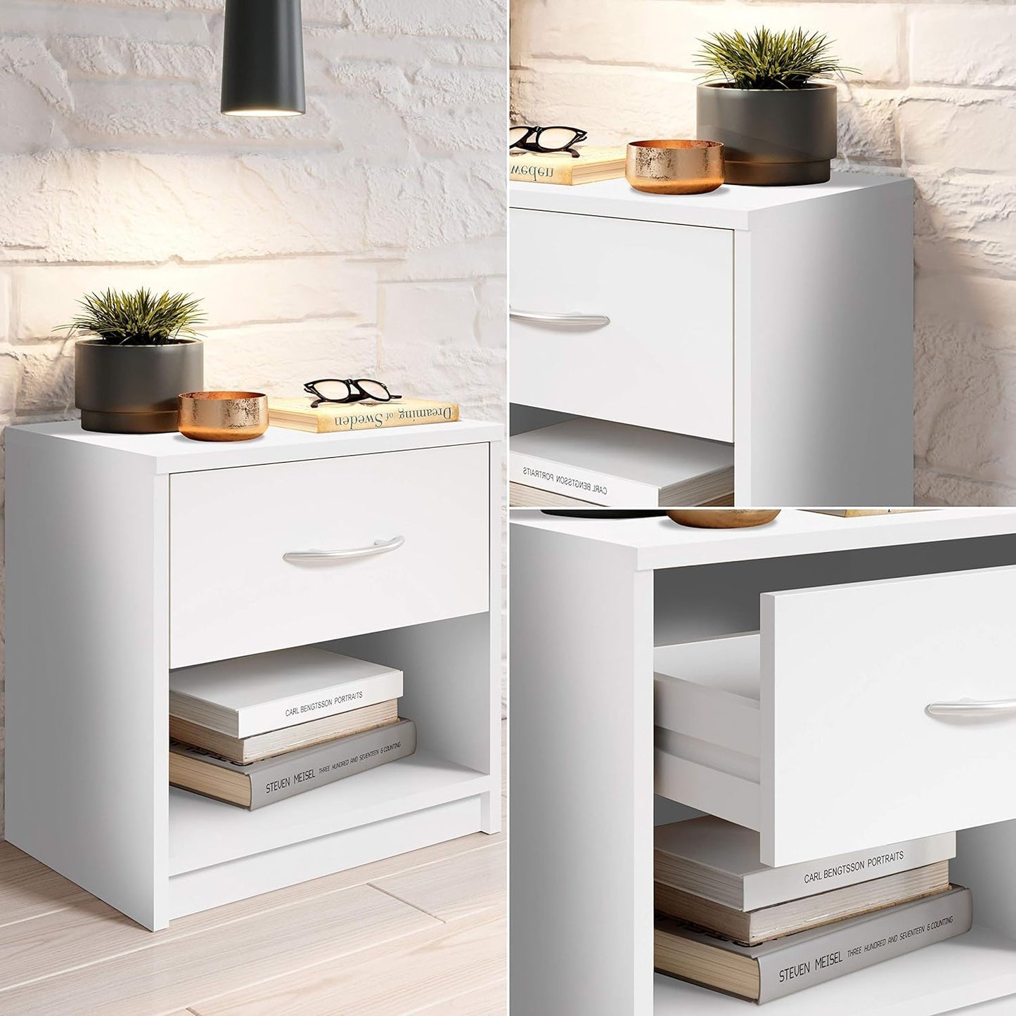 Wooden Side Table with 1 Drawer, Simple Cabinet Design Suitable for Any Bed and Bedroom in a Clean White Finish, Compact Nightstand Measuring W39 x D28 x H41 cm