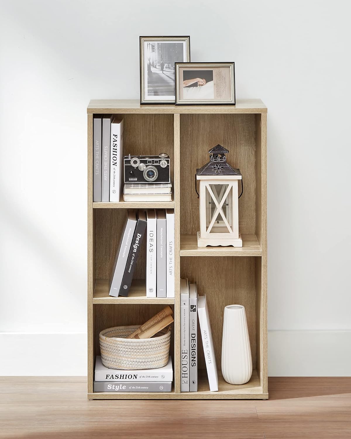 Wooden Bookcase for Kids with 5 Sections, Decorative Storage Unit and Floor Standing File Cabinet for Study or Playroom, 80cm Tall in Beige Manufactured Wood