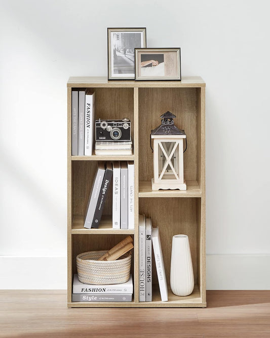 Wooden Bookcase for Kids with 5 Sections, Decorative Storage Unit and Floor Standing File Cabinet for Study or Playroom, 80cm Tall in Beige Manufactured Wood