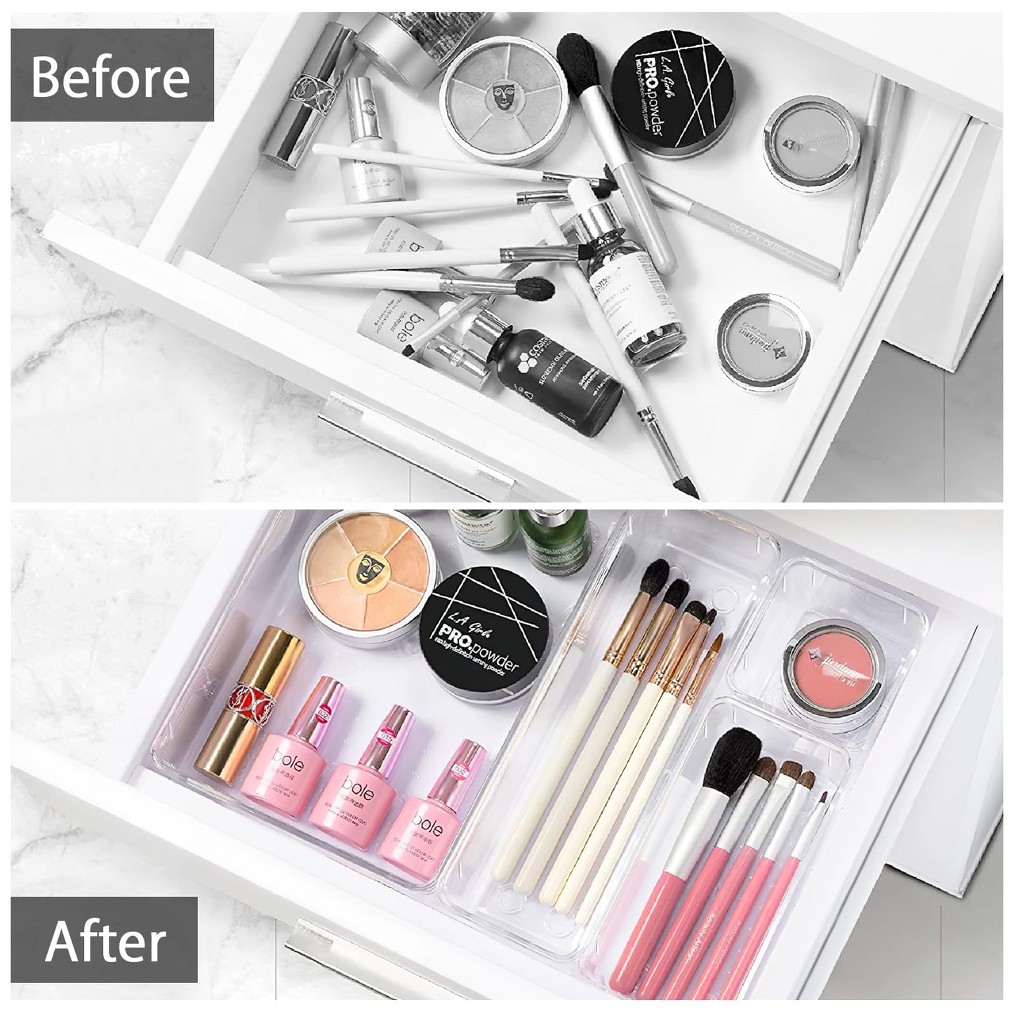 VOSSOT 6 Pieces Drawer Organiser System, Fridge Organiser Set, Stackable Storage Boxes, Clear Plastic Makeup Drawer Organiser Box, Desk Organiser Drawers