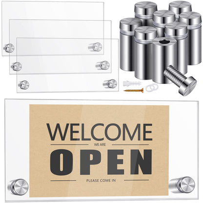 4 Sets Wall Mount Acrylic Name Plate Holders, 15x7 CM Clear Office Door Sign with Stainless Steel Standoff Screws, Modern Display Frames for Business, Home, and Stores