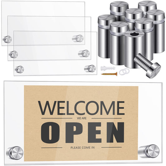 4 Sets Wall Mount Acrylic Name Plate Holders, 15x7 CM Clear Office Door Sign with Stainless Steel Standoff Screws, Modern Display Frames for Business, Home, and Stores