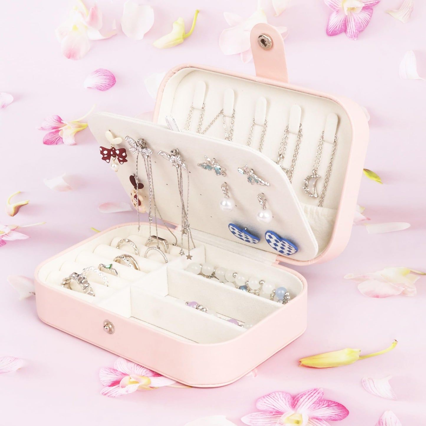 losensild Travel Jewelry Box,PU Leather Small Jewelry Travel Case for Women Girls Double Layer Portable Jewelry Organizer Mini Travel Case Boxes Black