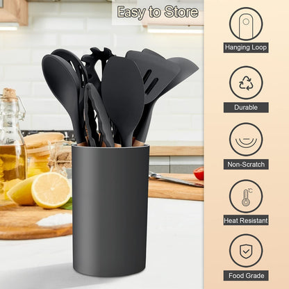 E-far Kitchen Utensils Set of 12, E-far Silicone Cooking Utensils with Holder, Non-stick Cookware Friendly & Heat Resistant, Includes Spatula Tong Whisk Ladle Brush Slotted Turner Spoon(Gray)