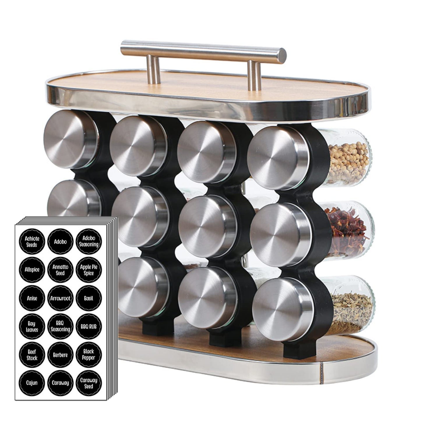 Joyeee 12 Glass Spice Jars with Rack, Classy Stainless Steel Spice Rack Organizer, Kitchen Gadget for Christmas