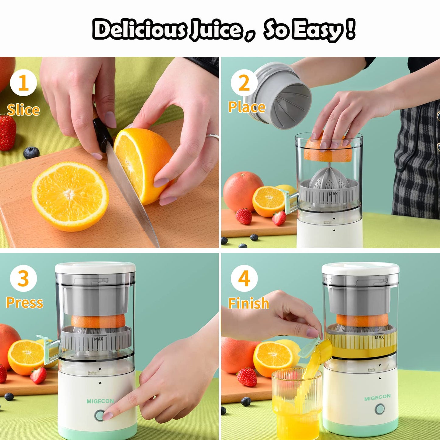 Migecon Citrus juicer, electric orange squeezer with powerful motor and usb charging cable, juicer extractor, lime juicer, suitable for orange, citrus, apple, grapefruit and pear.