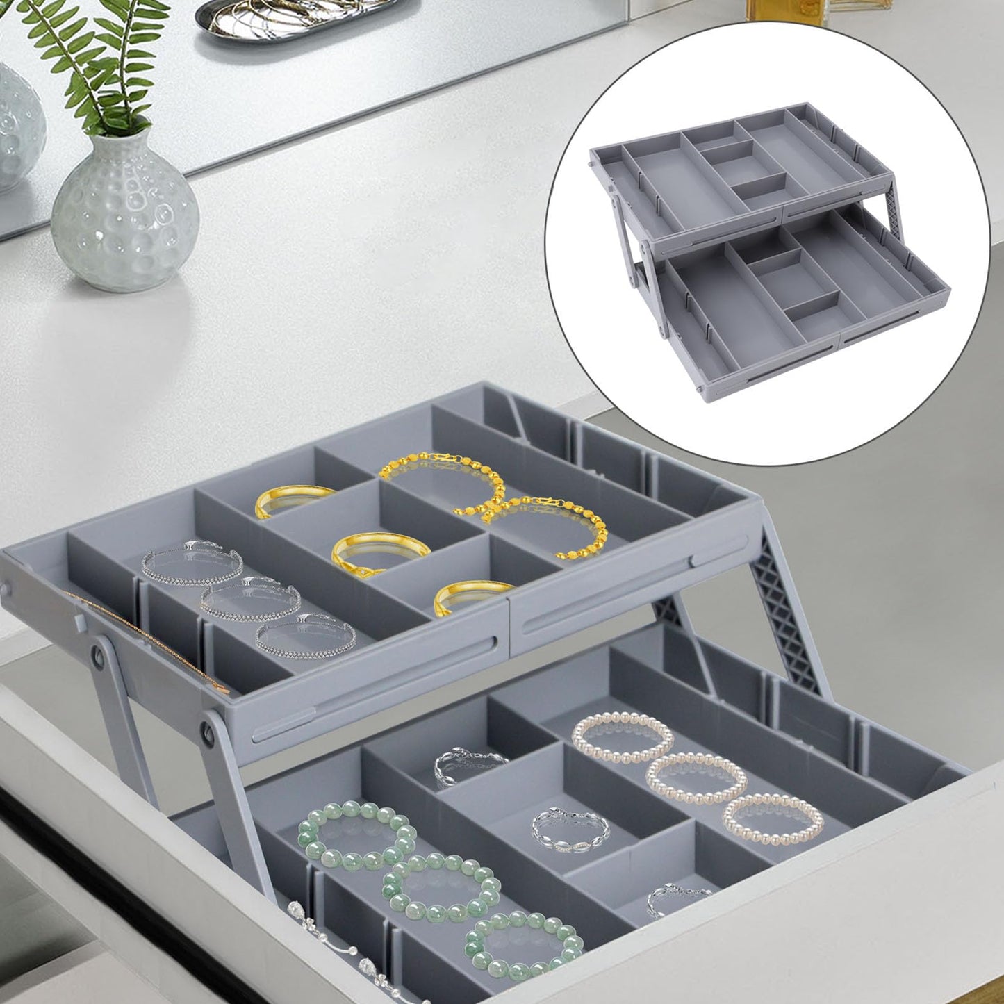 Drawer Organizer, Multi Level Expandable Desk Organizer Tray, Collapsible Storage Trays for Jewelry and Cosmetics Storage, Versatile for Dressing Table, Bathroom (2 Layers)