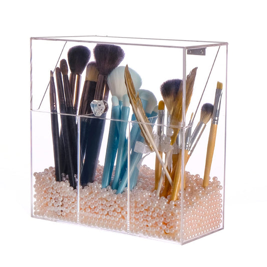 Acrylic Makeup Brush Holder with Lid, 3-Slot Organizer with Decorative Pink Pearls, Clear Protective Storage for Vanity or Bathroom, Heavy-Duty Cosmetics Stand, Elegant Organizer, Clear
