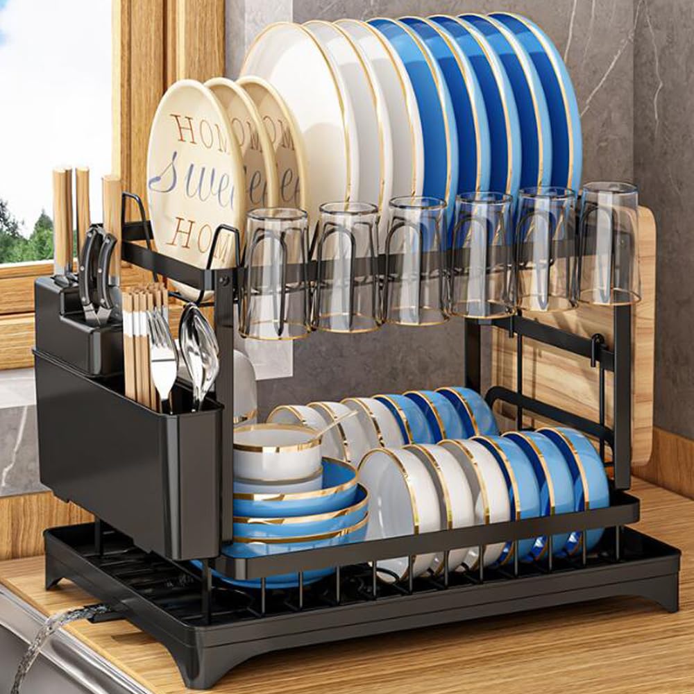 Dish Drying Rack,2 Tier Drying Rack Kitchen with Drainboard,Large Capacity Dish Drainer Organizer Shelf with Utensil Holder, Cup Rack for Kitchen Counter (Black)