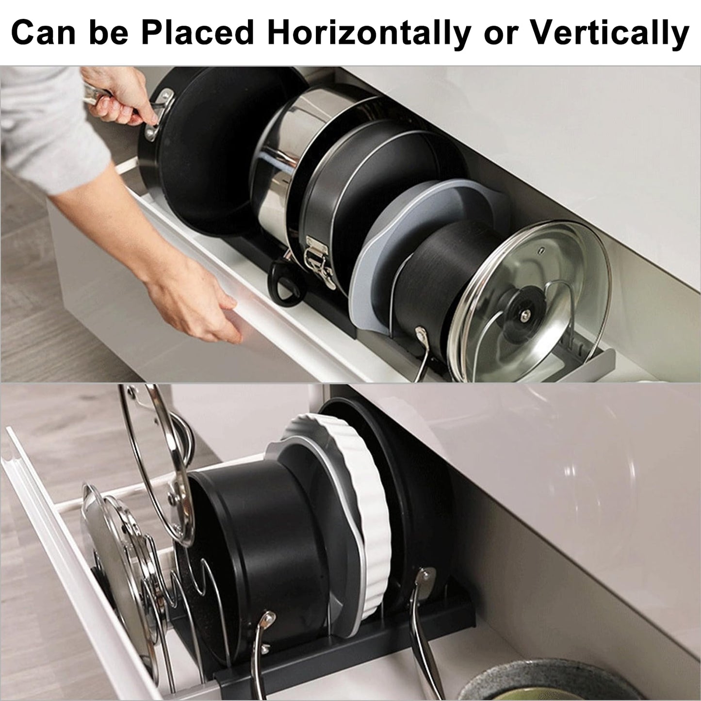 ALLWYOU Adjustable Pan Lid Holder with 7 Adjustable Compartments Pot and Pan Lid Organiser Rack Holder Expandable Tray Bakeware Storage Rack Dish Drying Rack Kitchen Cupboard Drawer Organiser