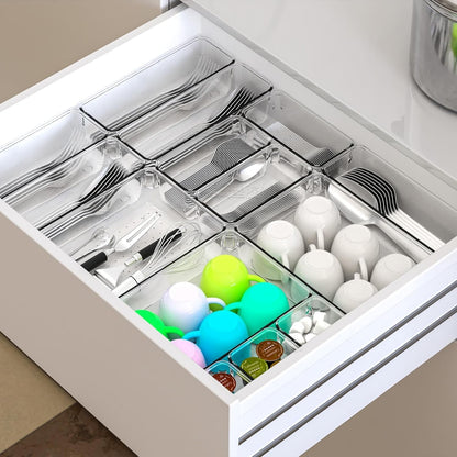 25 Pcs Clear Plastic Drawer Organizer Set,4 Sizes In Drawer Organizer Trays for Bathroom,Office,Kitchen Cabinet and Vanity Organizers,Desk Drawer Organizer Bins for Jewelry,Cosmetic,Utensil,Junk