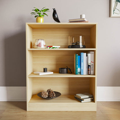 3 Tier Low Bookcase, Oak Finish Wooden Shelving Display Unit, Modern Office and Living Room Furniture, Wide and Compact Bookshelf, Elegant Design