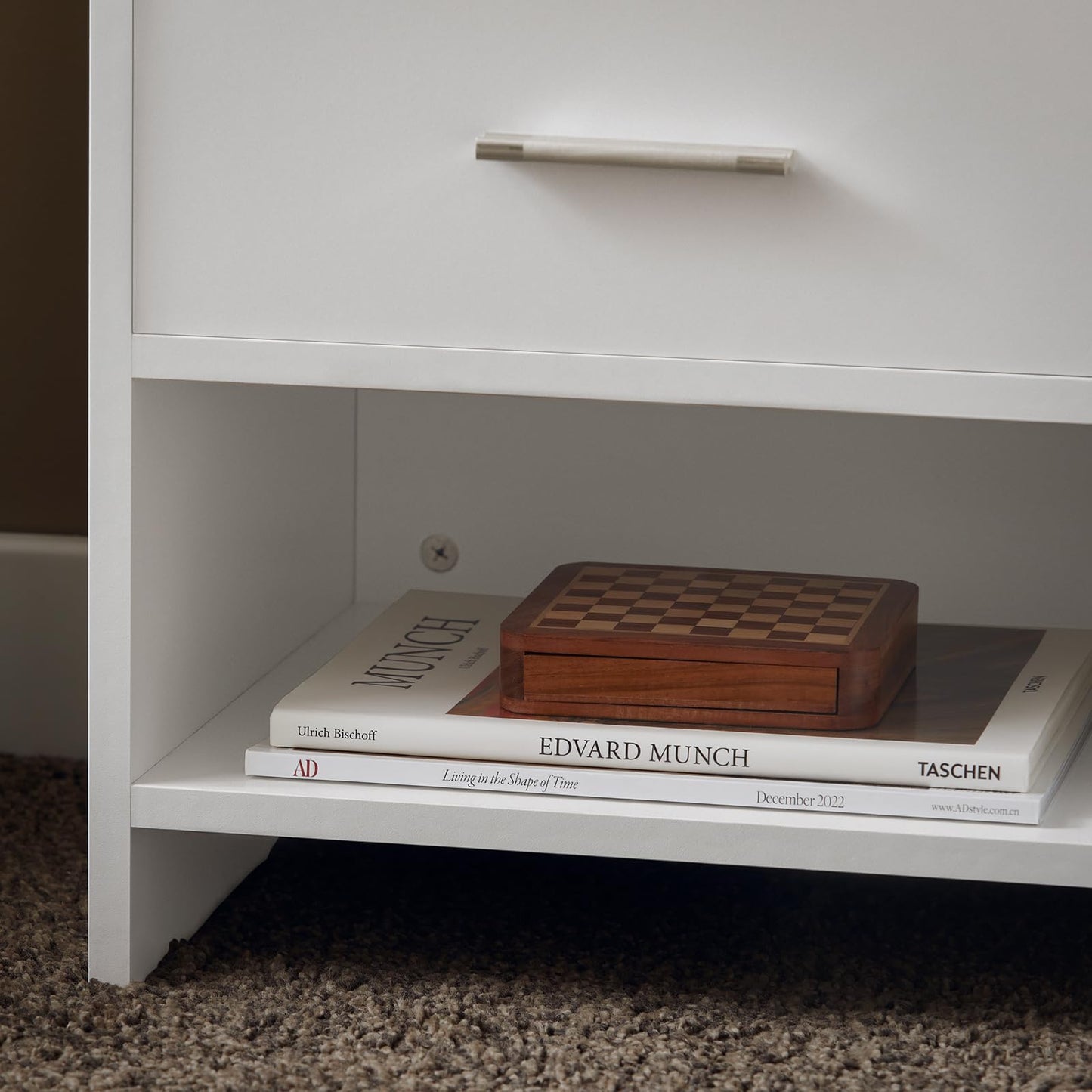 Bedside Table with 1 Drawer and 1 Niche in White, Compact Nightstand with Open and Closed Storage, Minimalist End Table for Bedroom, SmalLand FunctionaLSide Cabinet