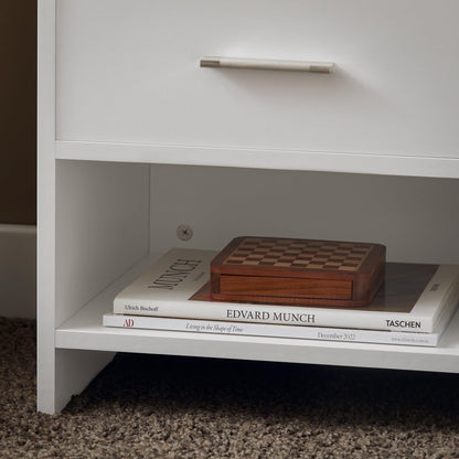 Bedside Table with 1 Drawer and 1 Niche in White, Compact Nightstand with Open and Closed Storage, Minimalist End Table for Bedroom, SmalLand FunctionaLSide Cabinet