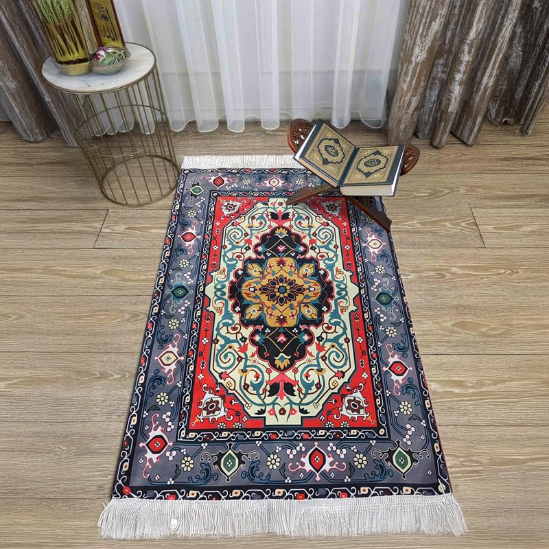 INtex Home Velvet Padded Prayer Rug, Multicolor Islamic Persian Design, Soft Printed Fabric with Anti-Slip Layer, Comfortable and Cushioned, 70x110 cm