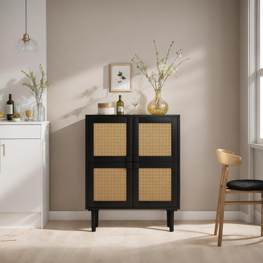 Modern Rattan Storage Cabinet, 4-Door Design with Black Frame, Living Room Furniture