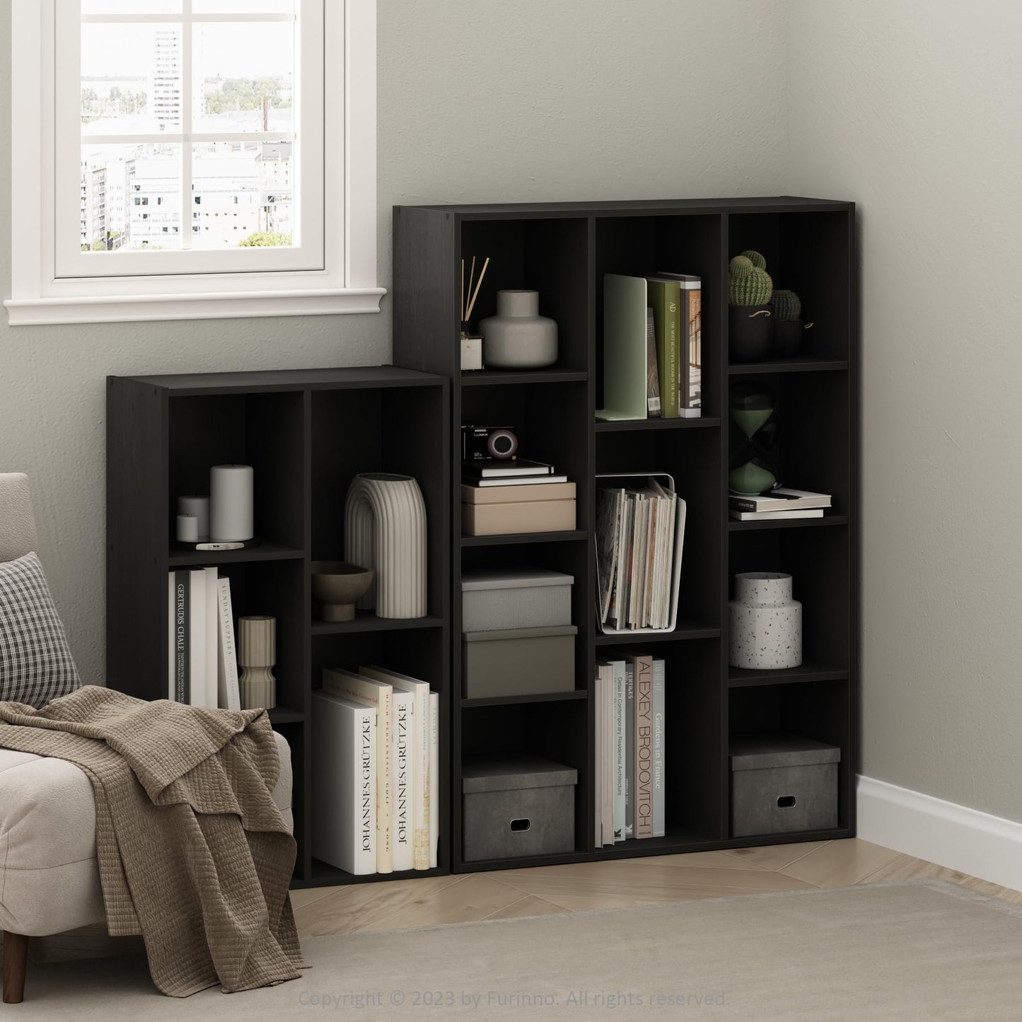 5-Tier Narrow Vertical Wall Unit, Tall Column Floating Storage Organizer and Utility Shelf for Bedroom or Living Room, Space-Saving Design in a White Laminate Finish