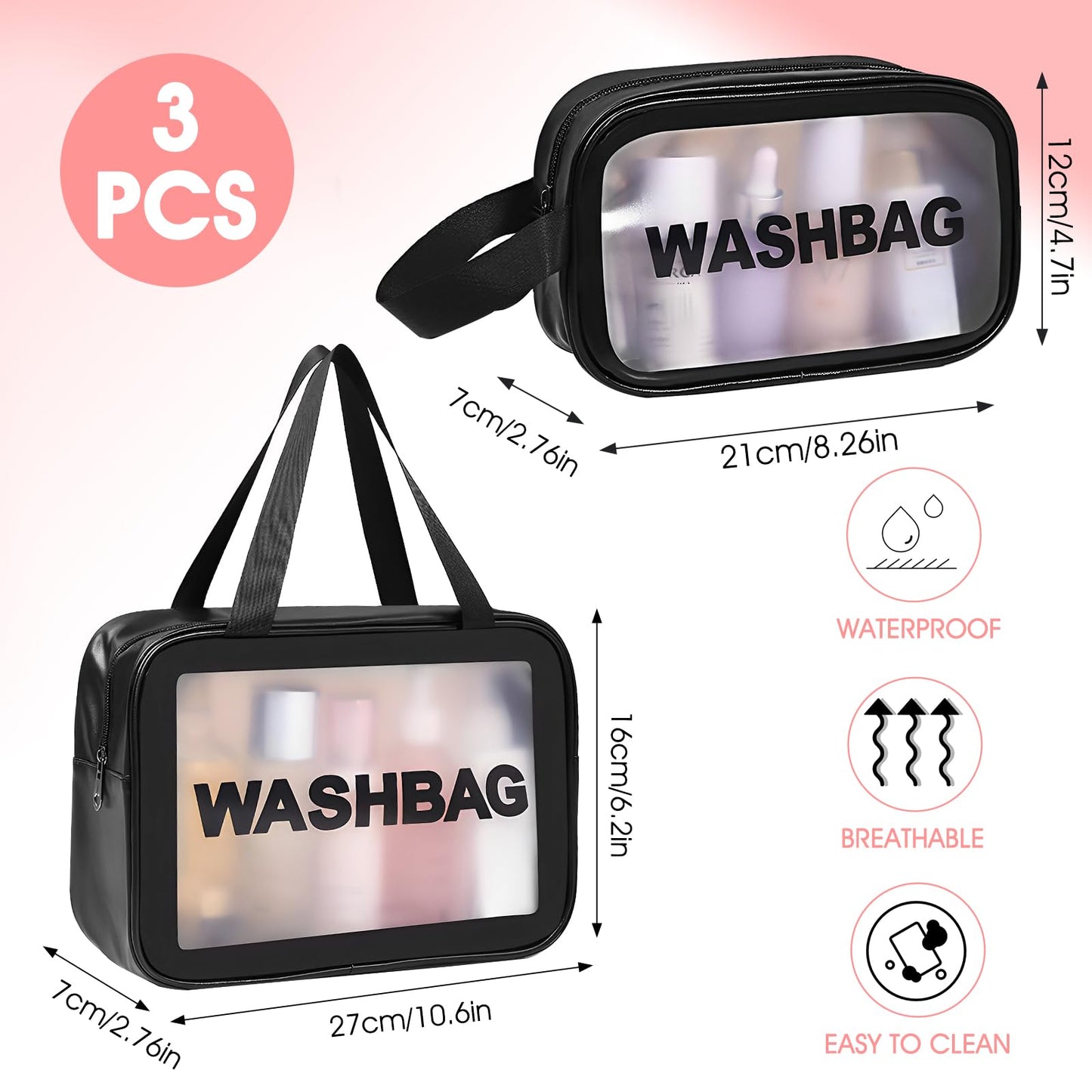 WLLHYF Clear Toiletry Bag 3 Pcs Travel Cosmetic Bags Zipper Makeup Handle Portable Luggage Pouch Multipurpose Transparent Waterproof Pouch for Women Men Traveling, Black, Fashion