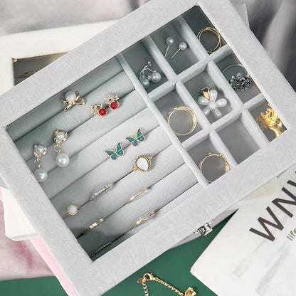 Velvet Jewelry Organizer Box, Clear Glass Lid Storage Case, Multifunction Ring Earrings Necklace Display Holder(gray)