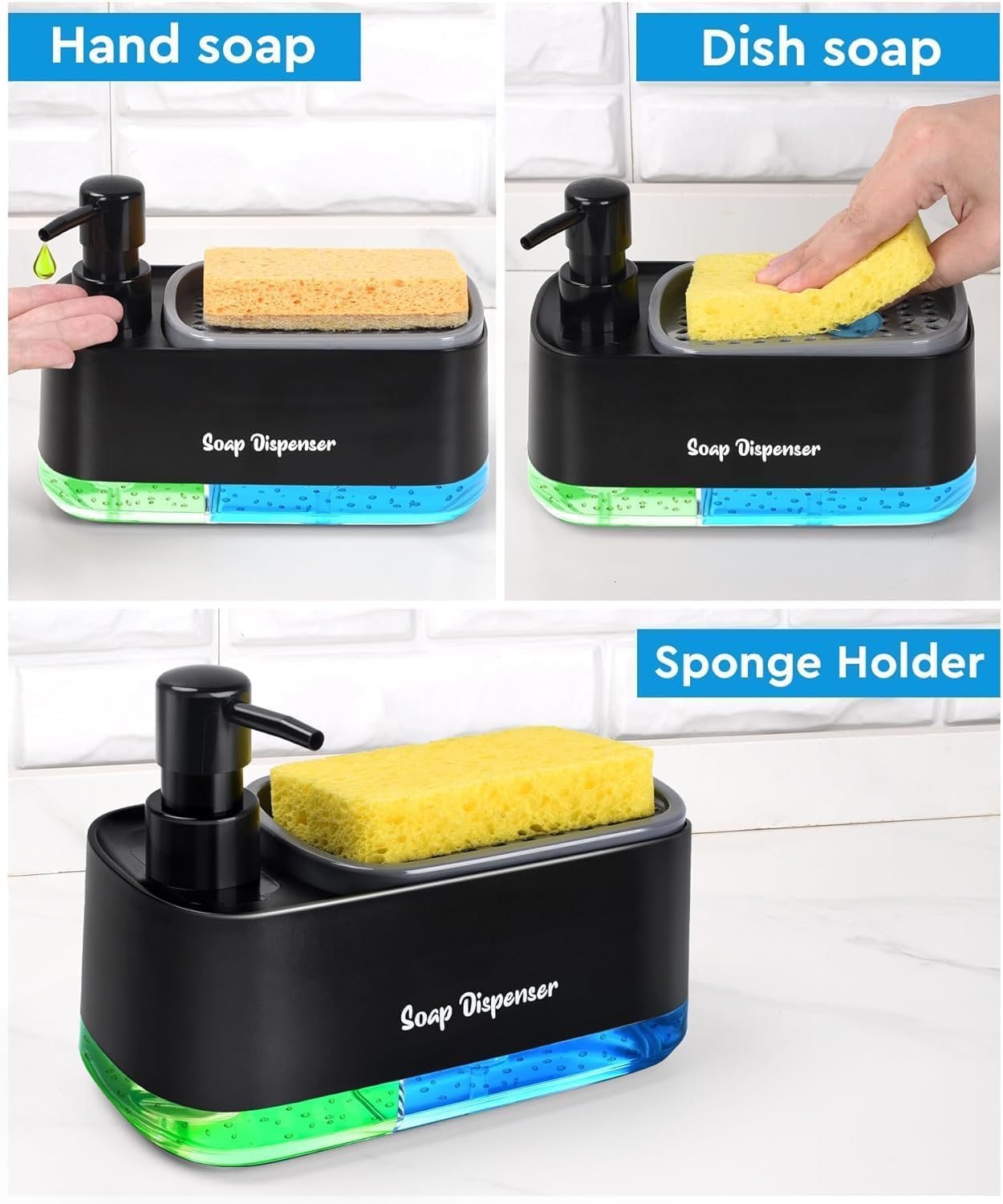3 in 1 Soap Dispenser with Sponge Holder for Countertop - Non-Slip Dual Pump Refillable Dispenser and Hand Soap for Kitchen Sink, Essential Kitchen Tools (black)
