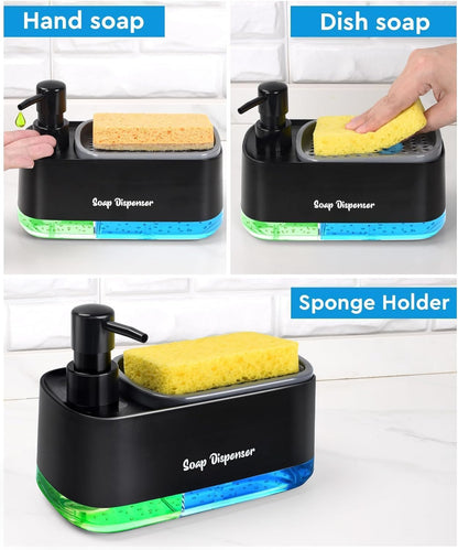 3 in 1 Soap Dispenser with Sponge Holder for Countertop - Non-Slip Dual Pump Refillable Dispenser and Hand Soap for Kitchen Sink, Essential Kitchen Tools (black)