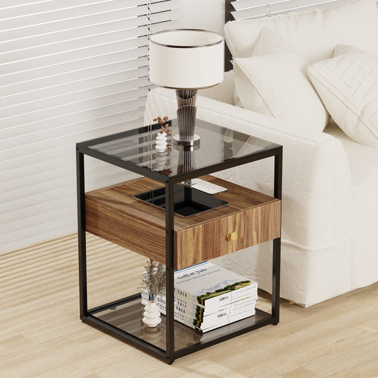 Bedside Table with Drawer: Tempered Glass Sofa Side Table Modern Nightstand with Wood Storage Shelf and Metal Black Frame Small Coffee Table for Living Room Bedroom