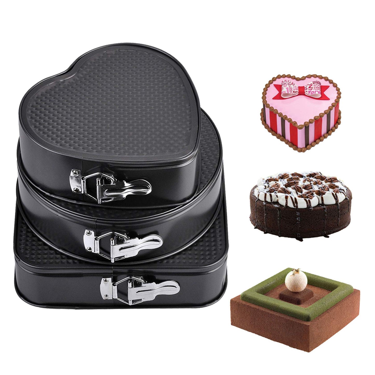 WarmHut Springform Cake Pan Set, Round and Square Heart Shape Cake Pan Set of 3 (8/9/10 Inch) Black