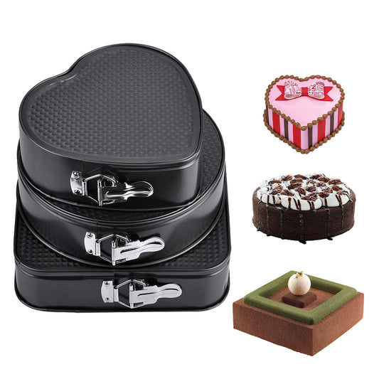 WarmHut Springform Cake Pan Set, Round and Square Heart Shape Cake Pan Set of 3 (8/9/10 Inch) Black